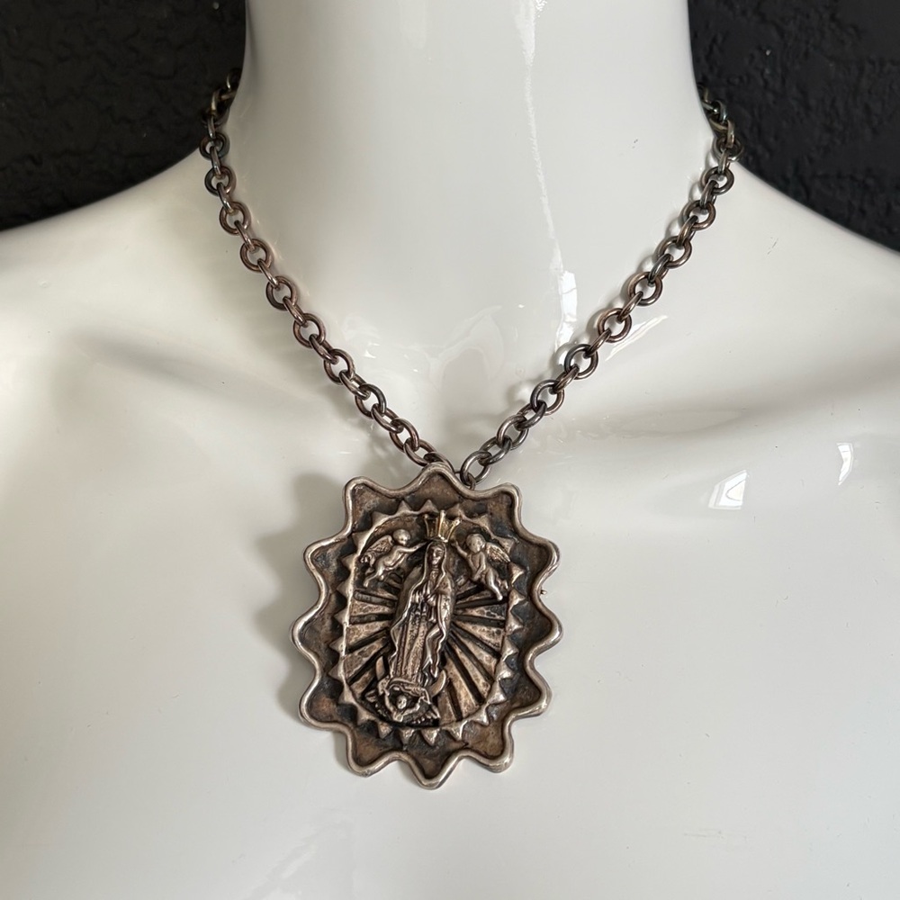 Sterling & 14k gold Crown mother Mary Virgin de Guadalupe Medallion Pin necklace